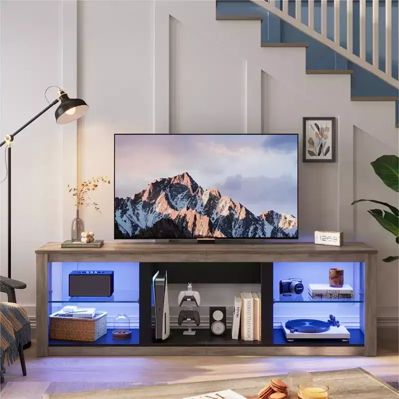 Bestier 71 TV Stand Modern Entertainment Center for TVs up to 75 with LED Light, TV Console Table with Storage Shelves for Living Room
