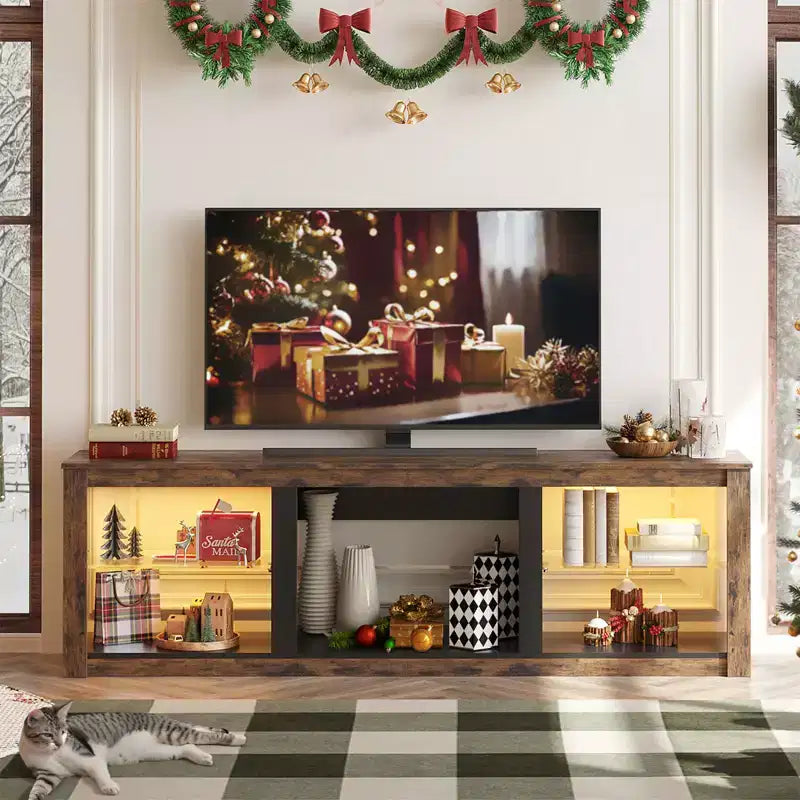 Bestier 71 TV Stand Modern Entertainment Center for TVs up to 75 with LED Light, TV Console Table with Storage Shelves for Living Room