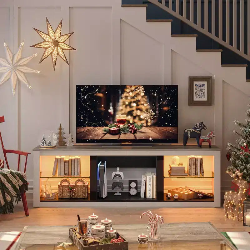 Bestier 71 TV Stand Modern Entertainment Center for TVs up to 75 with LED Light, TV Console Table with Storage Shelves for Living Room