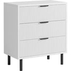 28 Wave Fluted 3-Drawer Dresser - Anti-Tip Safety, Tall Storage Chest w/Metal Legs for Bedroom & Entryway