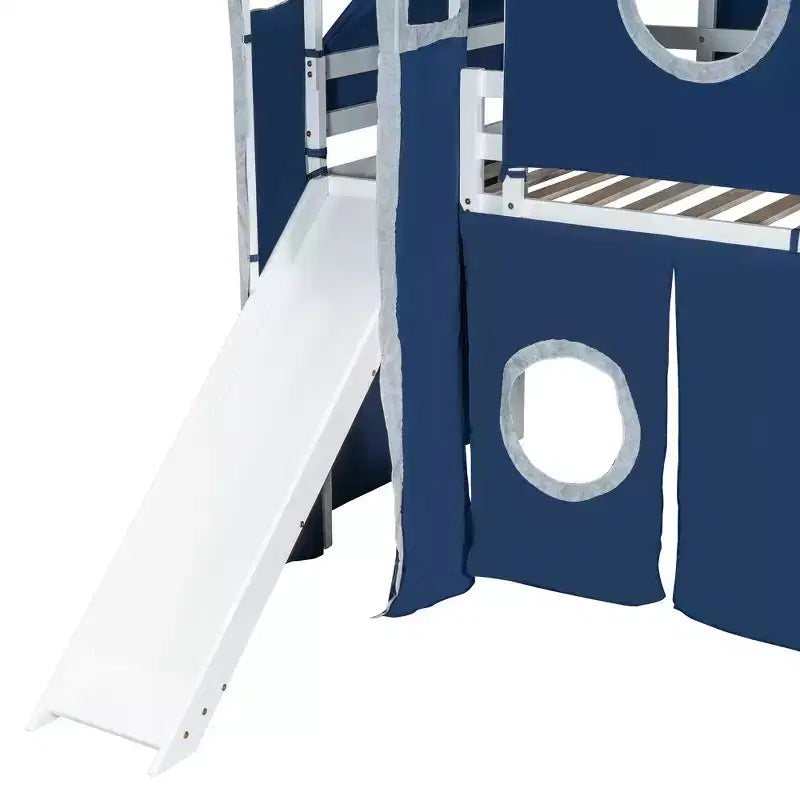 Twin/Full Size Loft Bed with Storage Staircase, Tent and Tower, Pink/Blue - ModernLuxe