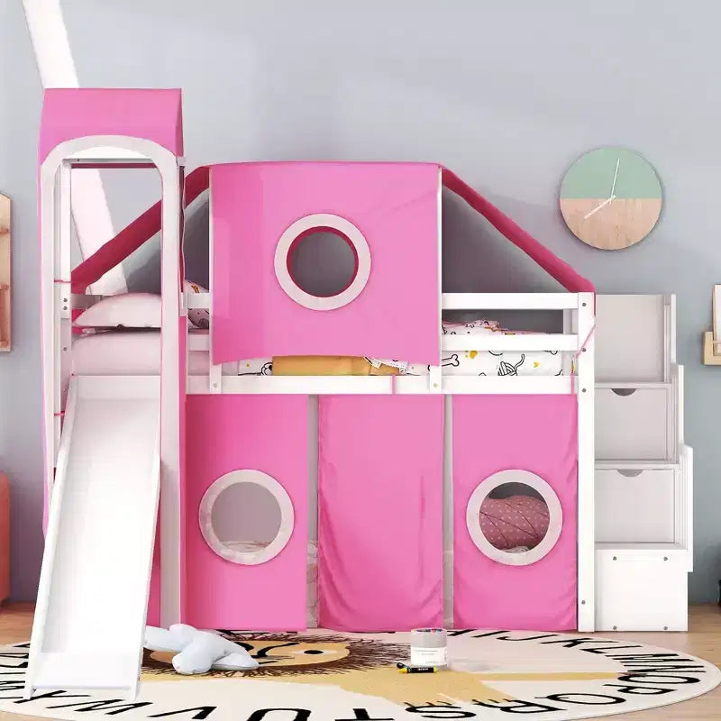 Twin/Full Size Loft Bed with Storage Staircase, Tent and Tower, Pink/Blue - ModernLuxe
