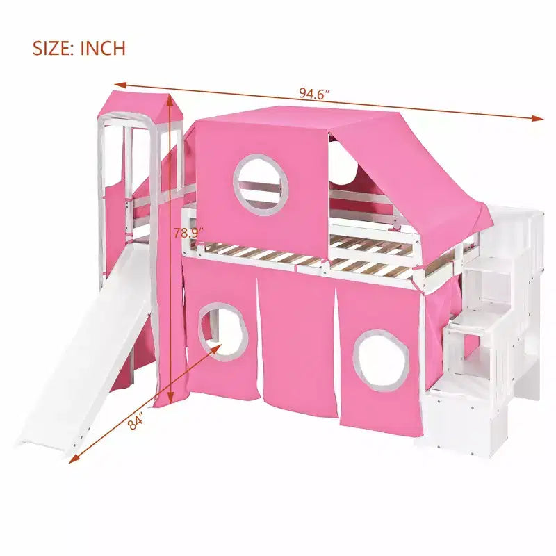 Twin/Full Size Loft Bed with Storage Staircase, Tent and Tower, Pink/Blue - ModernLuxe