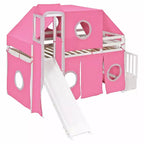 Twin/Full Size Loft Bed with Storage Staircase, Tent and Tower, Pink/Blue - ModernLuxe