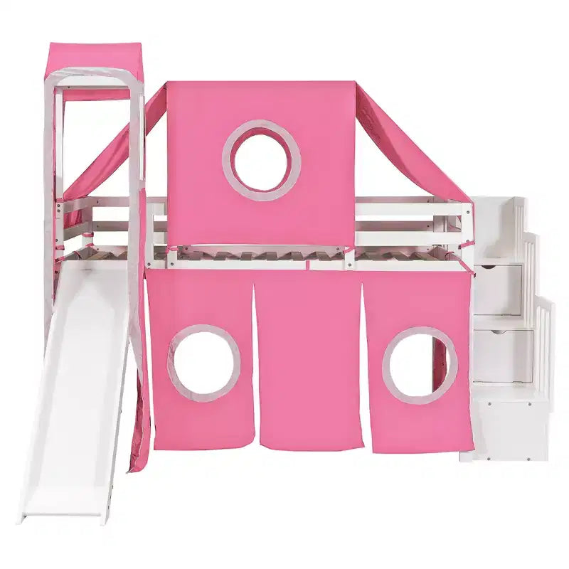 Twin/Full Size Loft Bed with Storage Staircase, Tent and Tower, Pink/Blue - ModernLuxe