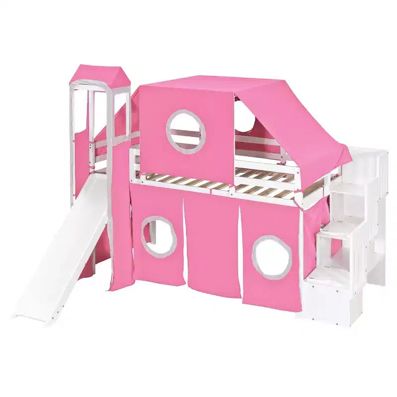 Twin/Full Size Loft Bed with Storage Staircase, Tent and Tower, Pink/Blue - ModernLuxe