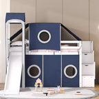 Twin/Full Size Loft Bed with Storage Staircase, Tent and Tower, Pink/Blue - ModernLuxe