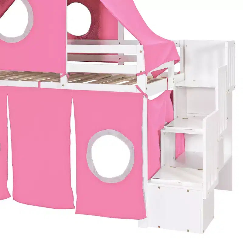 Twin/Full Size Loft Bed with Storage Staircase, Tent and Tower, Pink/Blue - ModernLuxe