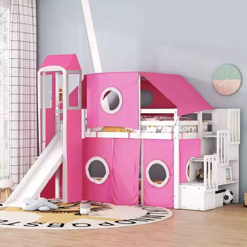 Twin/Full Size Loft Bed with Storage Staircase, Tent and Tower, Pink/Blue - ModernLuxe