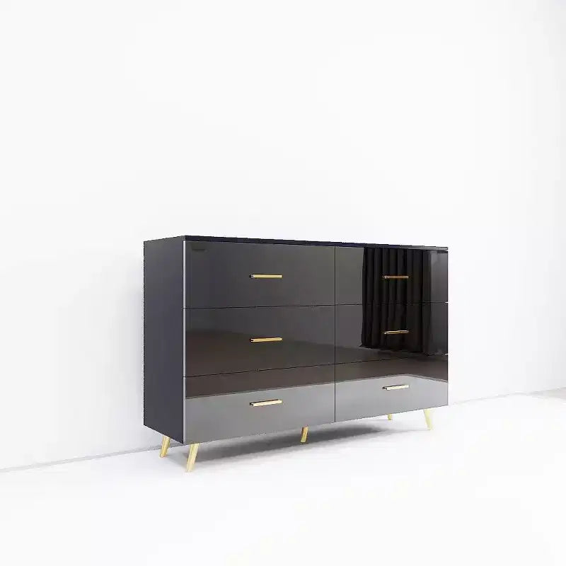 Cassettiera Okak a 6 cassetti con superficie lucida, cassettiera moderna nera e oro, cassettiera elegante per camera da letto, soggiorno, ingresso