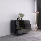 Cassettiera Okak a 6 cassetti con superficie lucida, cassettiera moderna nera e oro, cassettiera elegante per camera da letto, soggiorno, ingresso