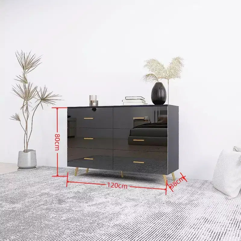 Cassettiera Okak a 6 cassetti con superficie lucida, cassettiera moderna nera e oro, cassettiera elegante per camera da letto, soggiorno, ingresso