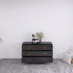 Cassettiera Okak a 6 cassetti con superficie lucida, cassettiera moderna nera e oro, cassettiera elegante per camera da letto, soggiorno, ingresso