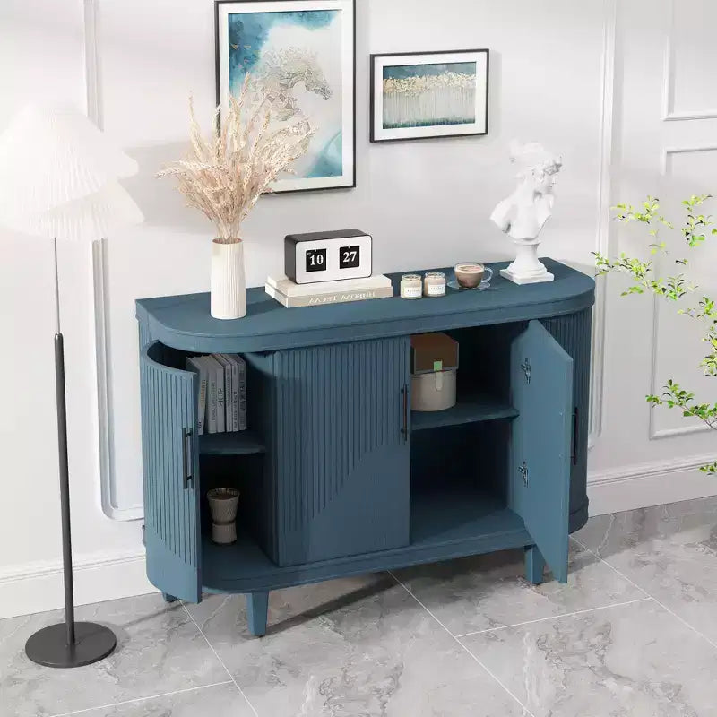 Blue Curved Sideboard 47.2-Inch Decorative Storage Cabinet Wooden Console Table Cabinet with 4 Doors and Adjustable Interior Shelves