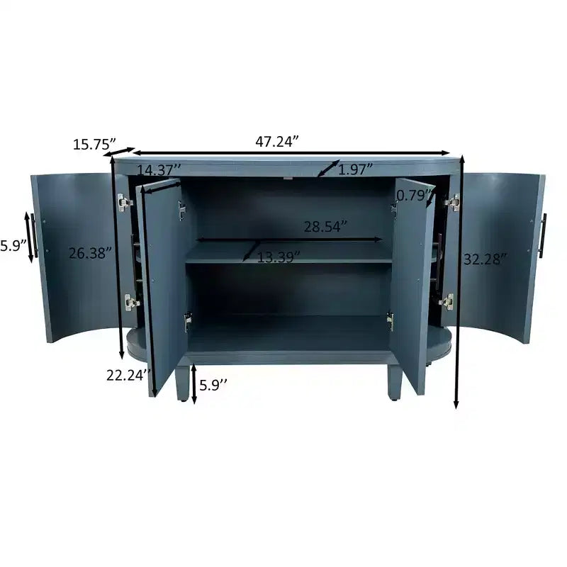 Blue Curved Sideboard 47.2-Inch Decorative Storage Cabinet Wooden Console Table Cabinet with 4 Doors and Adjustable Interior Shelves