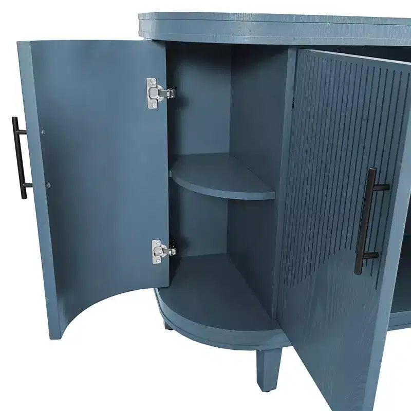 Blue Curved Sideboard 47.2-Inch Decorative Storage Cabinet Wooden Console Table Cabinet with 4 Doors and Adjustable Interior Shelves