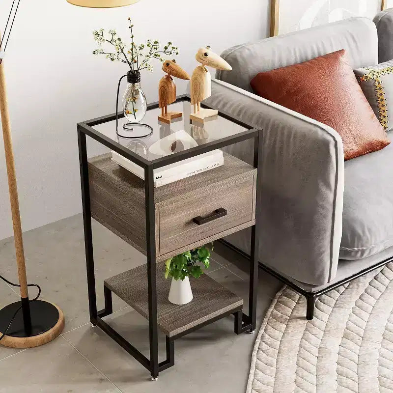 Acekool 2-Pack Nightstands with Storage Drawer & Shelves, Tempered Glass Top & Steel Frame Bedside Tables for Bedroom, Dorm