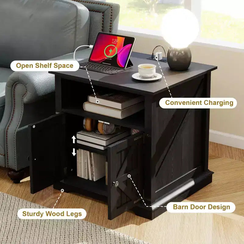 MUUEGM 24 Farmhouse End Table| Wood Rustic Nightstand Bedside Table with Charging Station and Barn Door