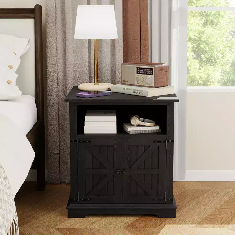 MUUEGM 24 Farmhouse End Table| Wood Rustic Nightstand Bedside Table with Charging Station and Barn Door