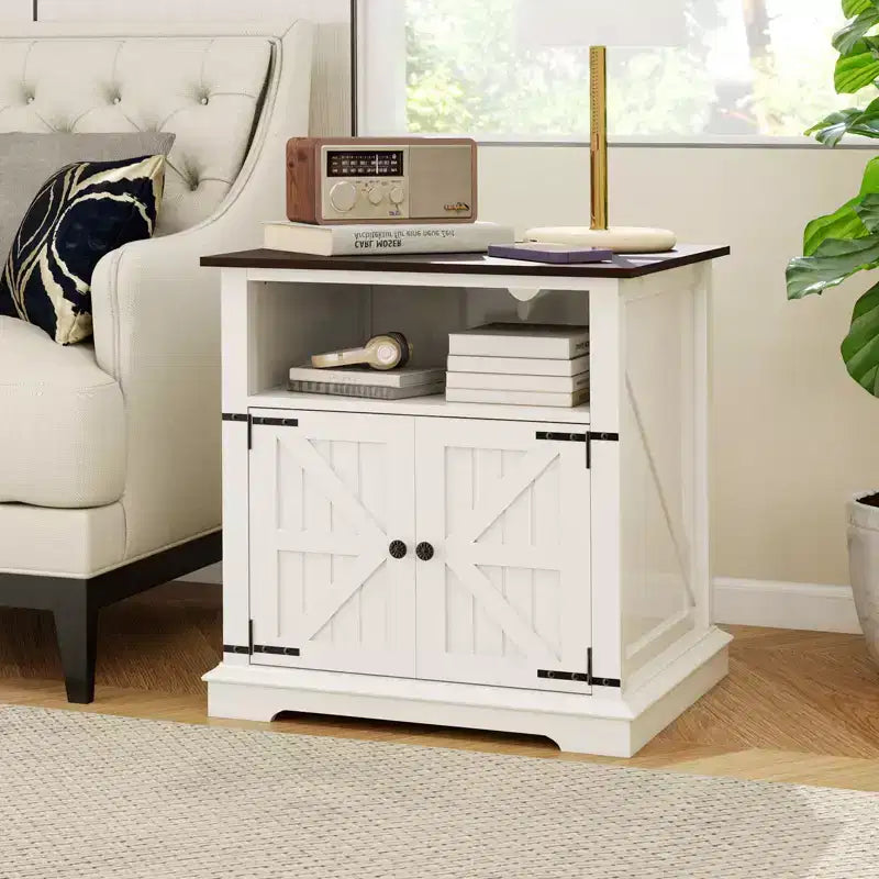 MUUEGM 24 Farmhouse End Table| Wood Rustic Nightstand Bedside Table with Charging Station and Barn Door
