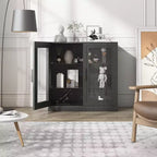 Wood Accent Cabinet in Black, Storage Organizer with Adjustable Shelves and Glass Doors for Kitchen Bedroom Living/Dinning Room