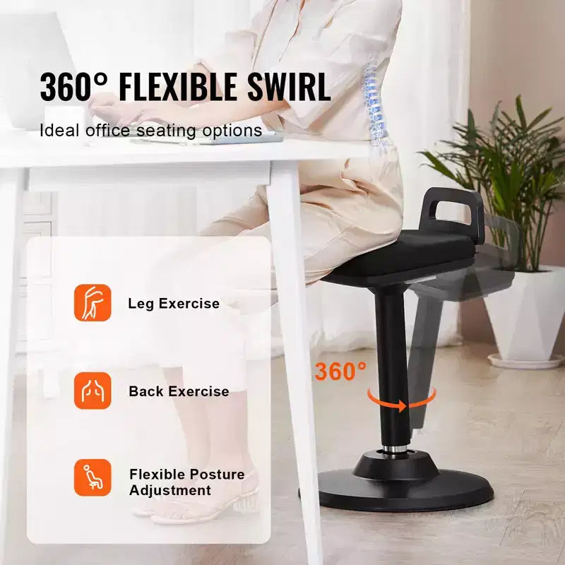 VEVOR Active Chair with Handle, Height-Adjustable (24.6-34.4) Wobble Chair Made of Elastic Fabric & 45 mm Foam, 8 Tilt Angle, Age 12-18, Black