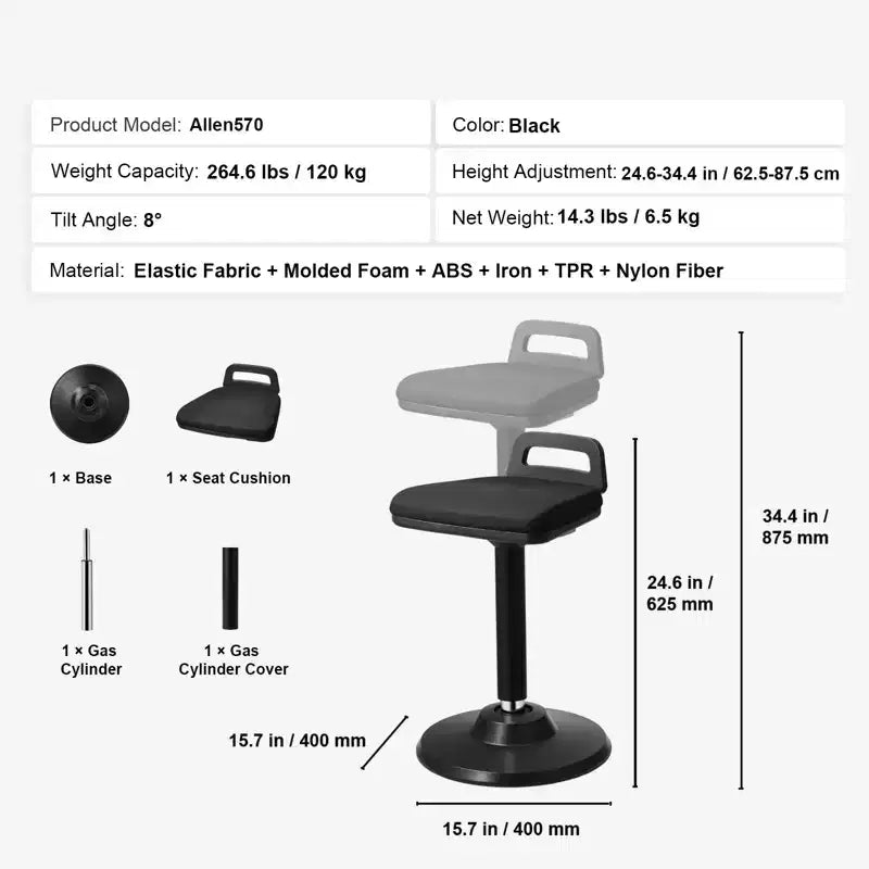 VEVOR Active Chair with Handle, Height-Adjustable (24.6-34.4) Wobble Chair Made of Elastic Fabric & 45 mm Foam, 8 Tilt Angle, Age 12-18, Black