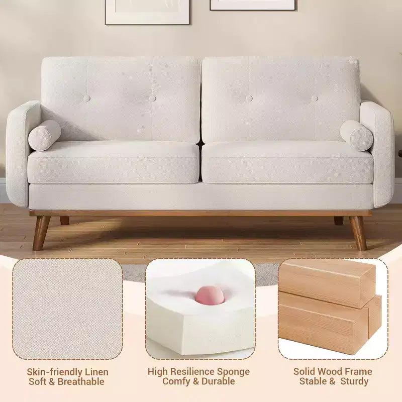 65 Loveseat Sofa, Mid Century Modern Couch Comfy Love Seat Couches, 2 Seater Deep Seat Couch Linen Upholstered Couches for Bedroom Small Space