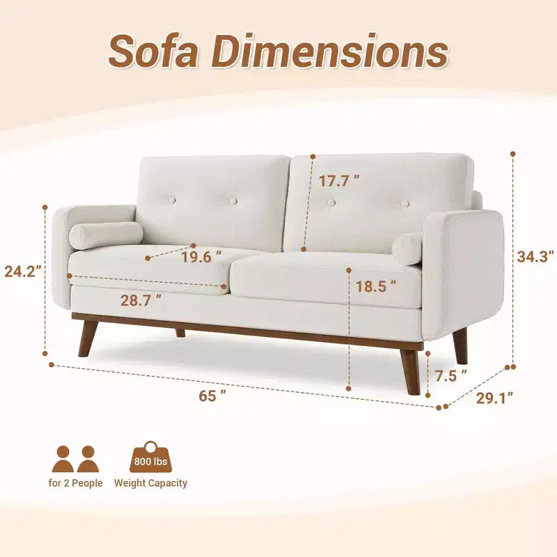 65 Loveseat Sofa, Mid Century Modern Couch Comfy Love Seat Couches, 2 Seater Deep Seat Couch Linen Upholstered Couches for Bedroom Small Space