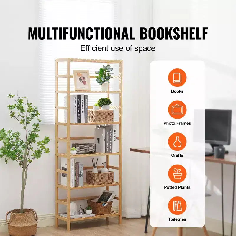 VEVOR 6-Tier Bamboo Shelf, Open Wood Bookshelf, Display Storage Rack Organizer, Freestanding Flower Plant Stand, Multifunctional Bookshelf, Natural