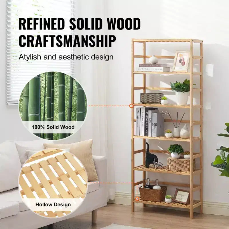 VEVOR 6-Tier Bamboo Shelf, Open Wood Bookshelf, Display Storage Rack Organizer, Freestanding Flower Plant Stand, Multifunctional Bookshelf, Natural