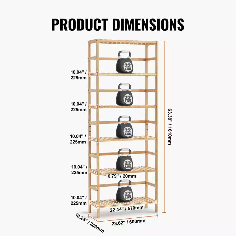VEVOR 6-Tier Bamboo Shelf, Open Wood Bookshelf, Display Storage Rack Organizer, Freestanding Flower Plant Stand, Multifunctional Bookshelf, Natural