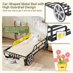 Costway Twin Car-Shaped Metal Bed Frame with Wheels Decorations Safety Guardrails
