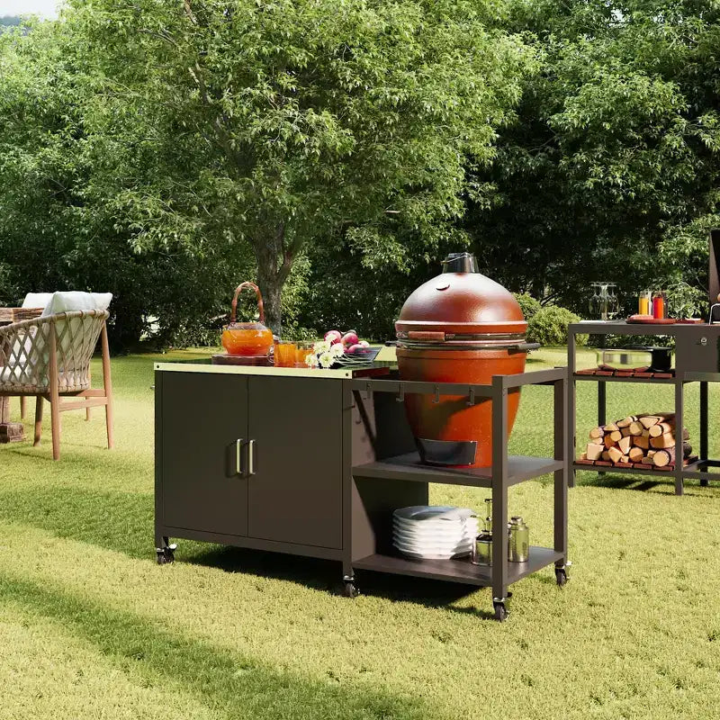 Famapy Tavoli da Pranzo per Esterni Tavolo BBQ Grill con Mobiletto Contenitore, Carrello Bar con Struttura in Acciaio Nero Tavolo da Cucina