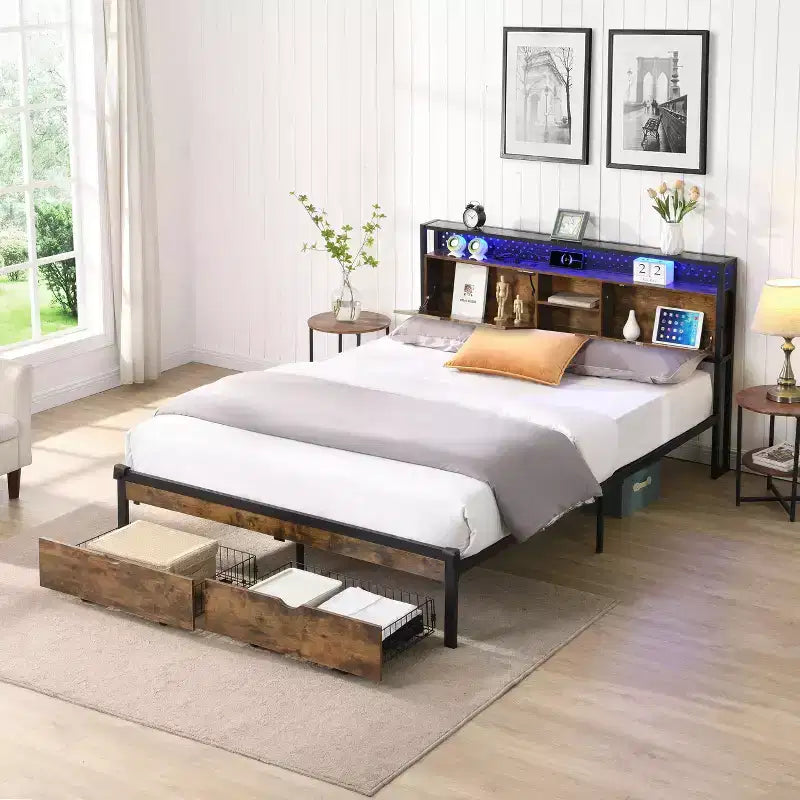 Okak Queen Metal Bed Frame with Wooden Headboard and Footboard USB,Platform Bed Frame with Charging Station,LED Lights for Bedroom,Black Brown