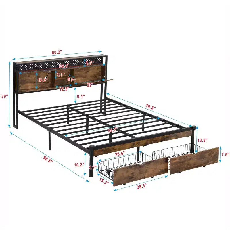 Okak Queen Metal Bed Frame with Wooden Headboard and Footboard USB,Platform Bed Frame with Charging Station,LED Lights for Bedroom,Black Brown