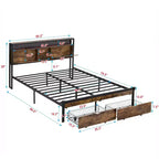 Okak Queen Metal Bed Frame with Wooden Headboard and Footboard USB,Platform Bed Frame with Charging Station,LED Lights for Bedroom,Black Brown