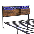 Okak Queen Metal Bed Frame with Wooden Headboard and Footboard USB,Platform Bed Frame with Charging Station,LED Lights for Bedroom,Black Brown