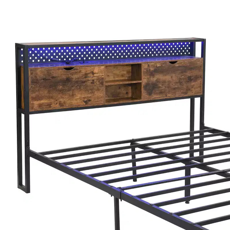 Okak Queen Metal Bed Frame with Wooden Headboard and Footboard USB,Platform Bed Frame with Charging Station,LED Lights for Bedroom,Black Brown