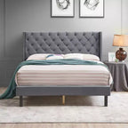 Okak Queen Bed Frame with Headboard, Velvet Button Tufted-Upholstered Platform Bed with Wings Design and Wood Slat Support, Gray