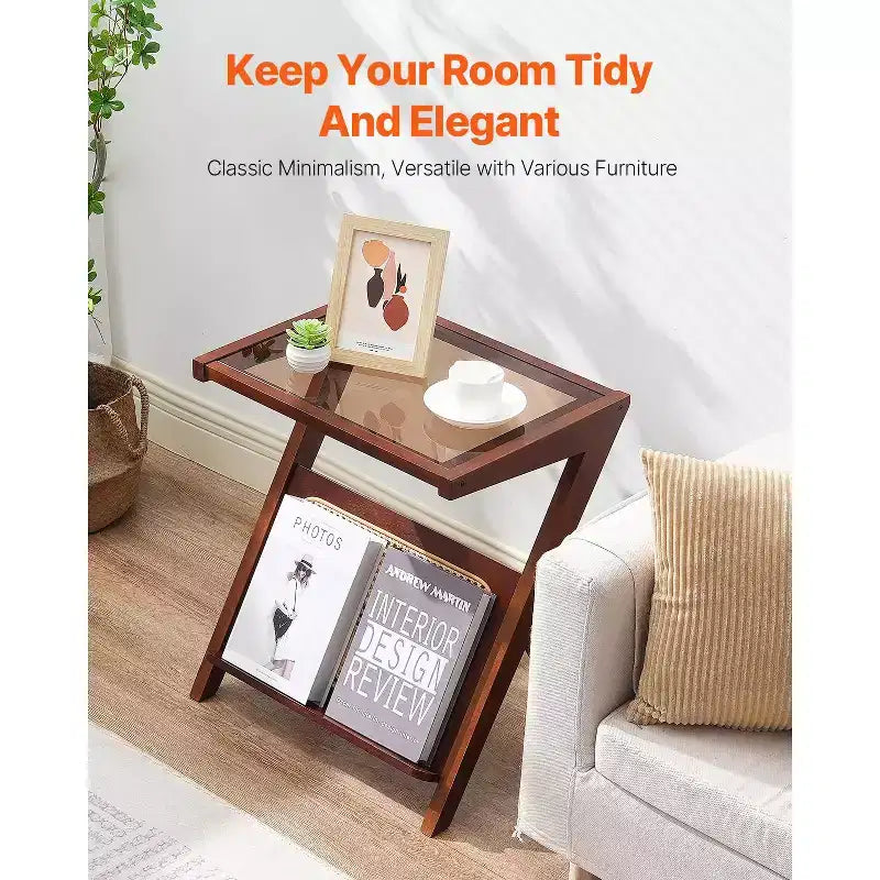 VEVOR Rattan Coffee Table, Z-Shaped Rattan Woven Bamboo Coffee Table with Tempered Glass Top, 20 Modern Boho Storage Coffee Table with Bamboo Legs