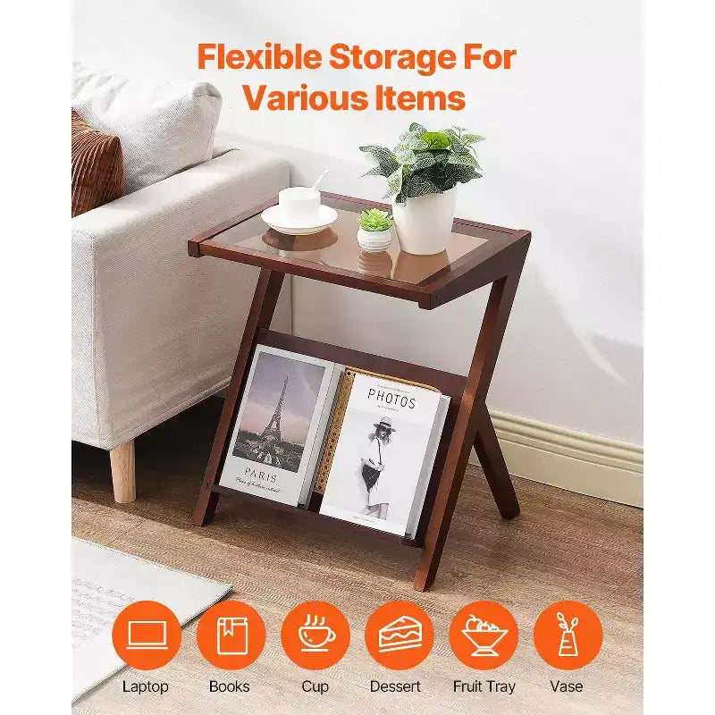VEVOR Rattan Coffee Table, Z-Shaped Rattan Woven Bamboo Coffee Table with Tempered Glass Top, 20 Modern Boho Storage Coffee Table with Bamboo Legs