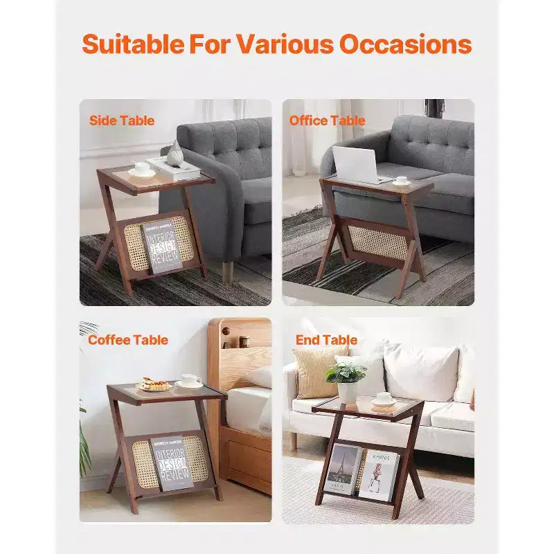 VEVOR Rattan Coffee Table, Z-Shaped Rattan Woven Bamboo Coffee Table with Tempered Glass Top, 20 Modern Boho Storage Coffee Table with Bamboo Legs