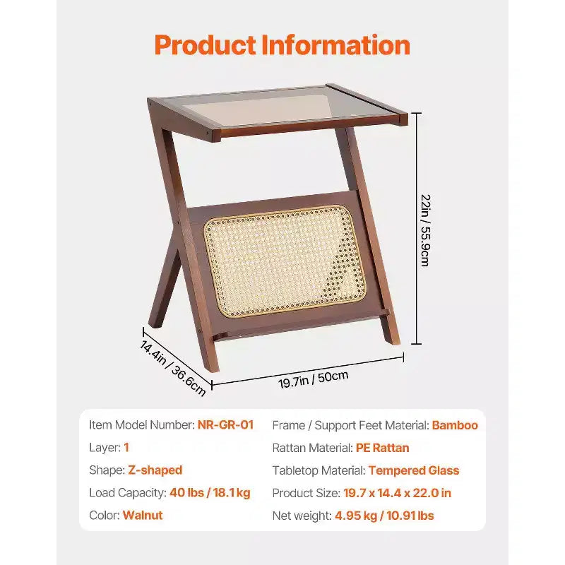VEVOR Rattan Coffee Table, Z-Shaped Rattan Woven Bamboo Coffee Table with Tempered Glass Top, 20 Modern Boho Storage Coffee Table with Bamboo Legs