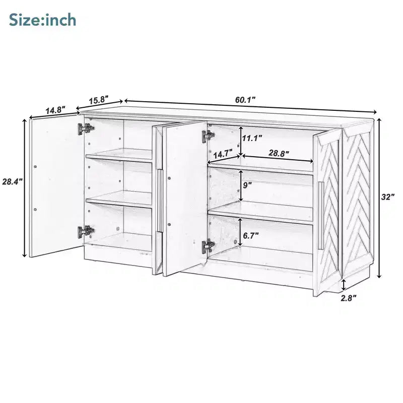 Sideboard Buffet Cabinet with Storage, Adjustable Shelves and Silver Handles for Kitchen