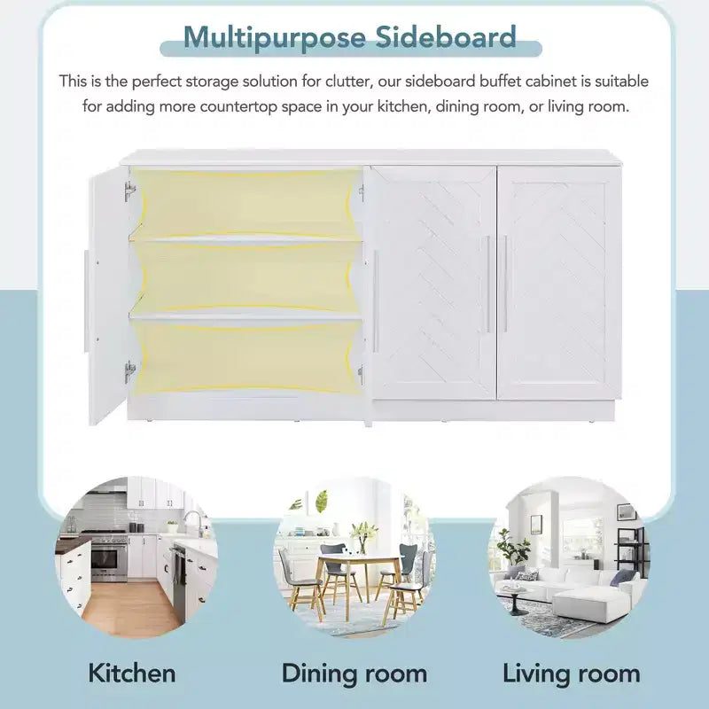 Sideboard Buffet Cabinet with Storage, Adjustable Shelves and Silver Handles for Kitchen