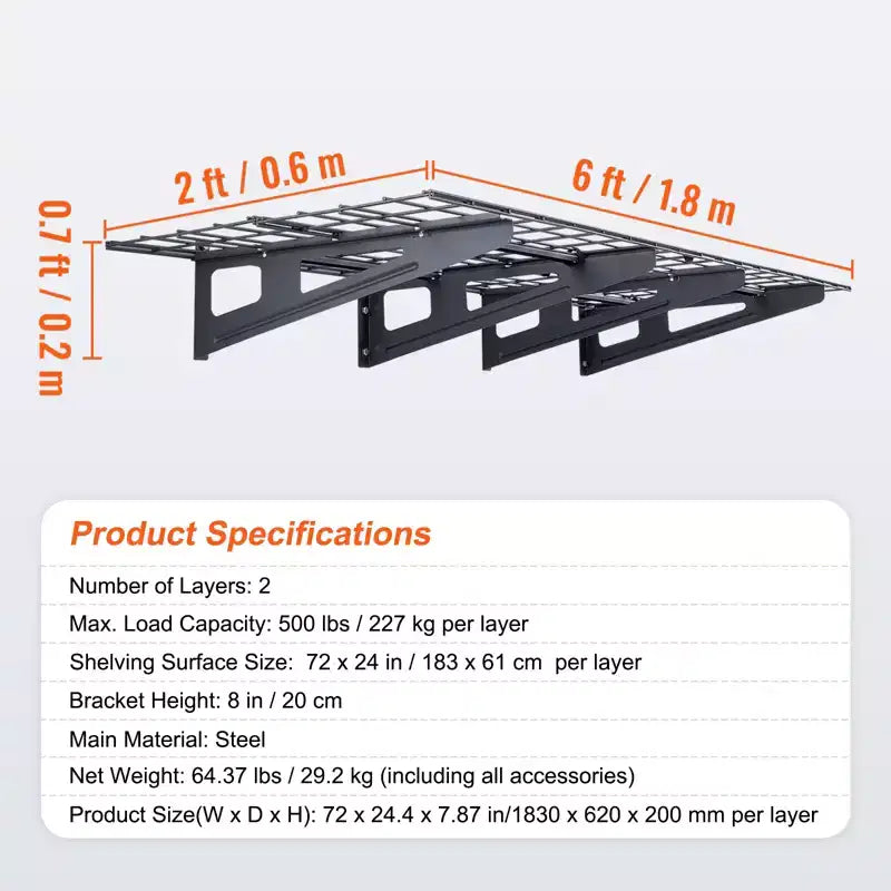 VEVOR Garage Storage Shelving, 2 Pack, 6 x 2 ft Heavy Duty Garage Shelves Wall Mounted, 1000 lbs Load Capacity(Total) Garage Storage Rack