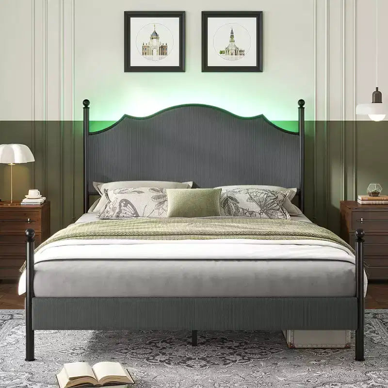 AMERLIFE Bed Frame with 51.2 Tall Upholstered Headboard and Four Poster Design
