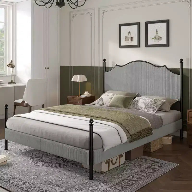 AMERLIFE Bed Frame with 51.2 Tall Upholstered Headboard and Four Poster Design