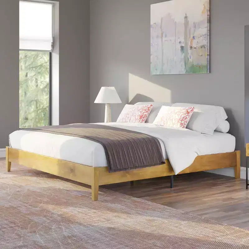 AMERLIFE Solid Wood Bed Frame with No Headboard, No Box Spring Needed/Wood Slat Support
